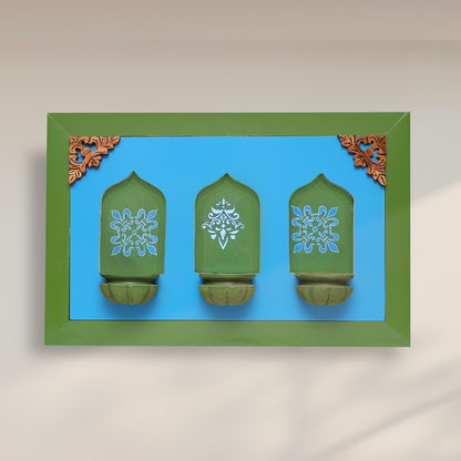 Brass Idols of Sarasvati, Ganesh, and Lakshmi with Stunning Wooden Frame Background Painting