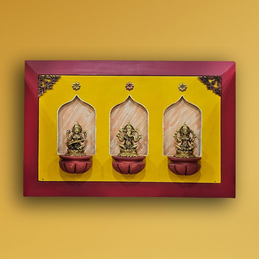 Brass Idols of Sarasvati, Ganesh, and Lakshmi with Stunning Wooden Frame Background Painting