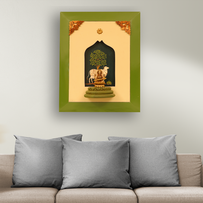 Brass Sarasvati Devi in Wooden Frame with Tree and Cow Painting Background