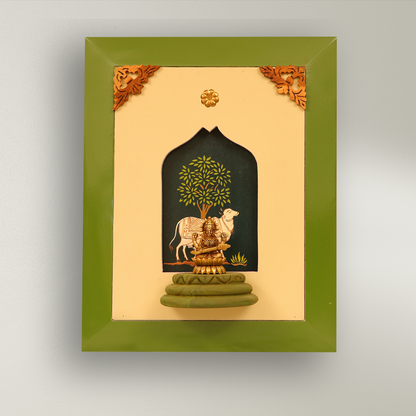 Brass Sarasvati Devi in Wooden Frame with Tree and Cow Painting Background