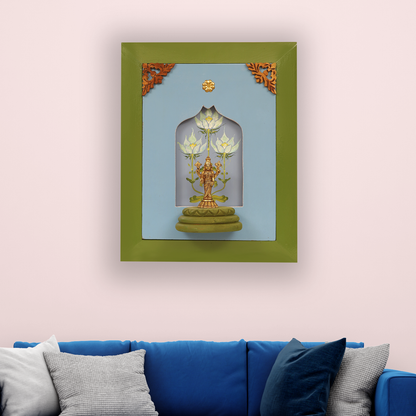 Brass Lord Balaji with Shank and Chakra in Wooden Frame with Floral Painting