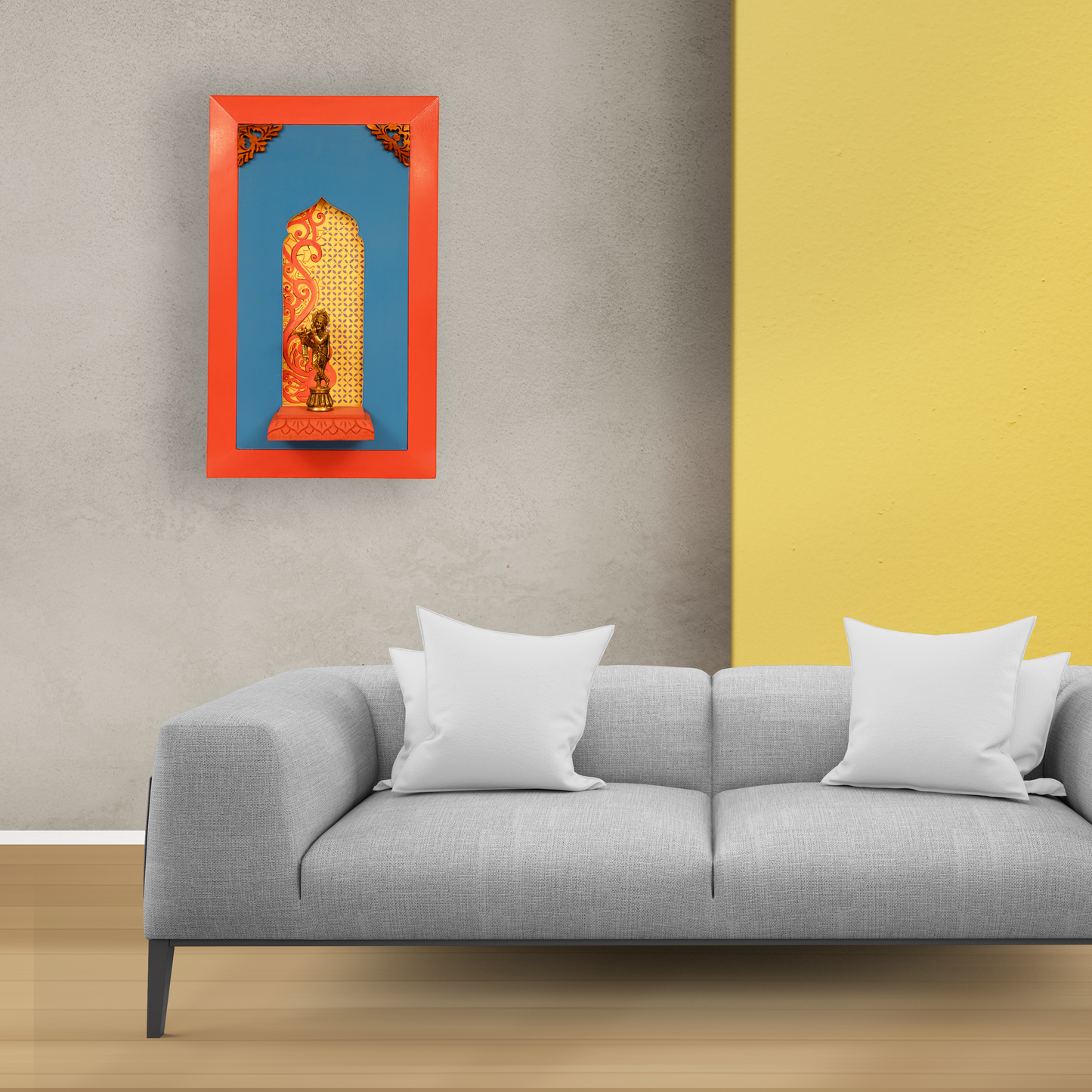 Brass lord Krishna on a wooden stand with a beautiful painting in the background