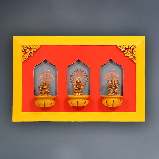 Brass Idols of Sarasvati, Ganesh, and Lakshmi with Stunning Wooden Frame Background Painting