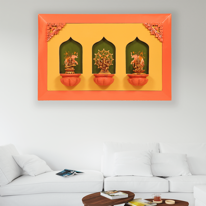 Brass Idols of Sarasvati, Ganesh, and Lakshmi with Stunning Wooden Frame Background Painting