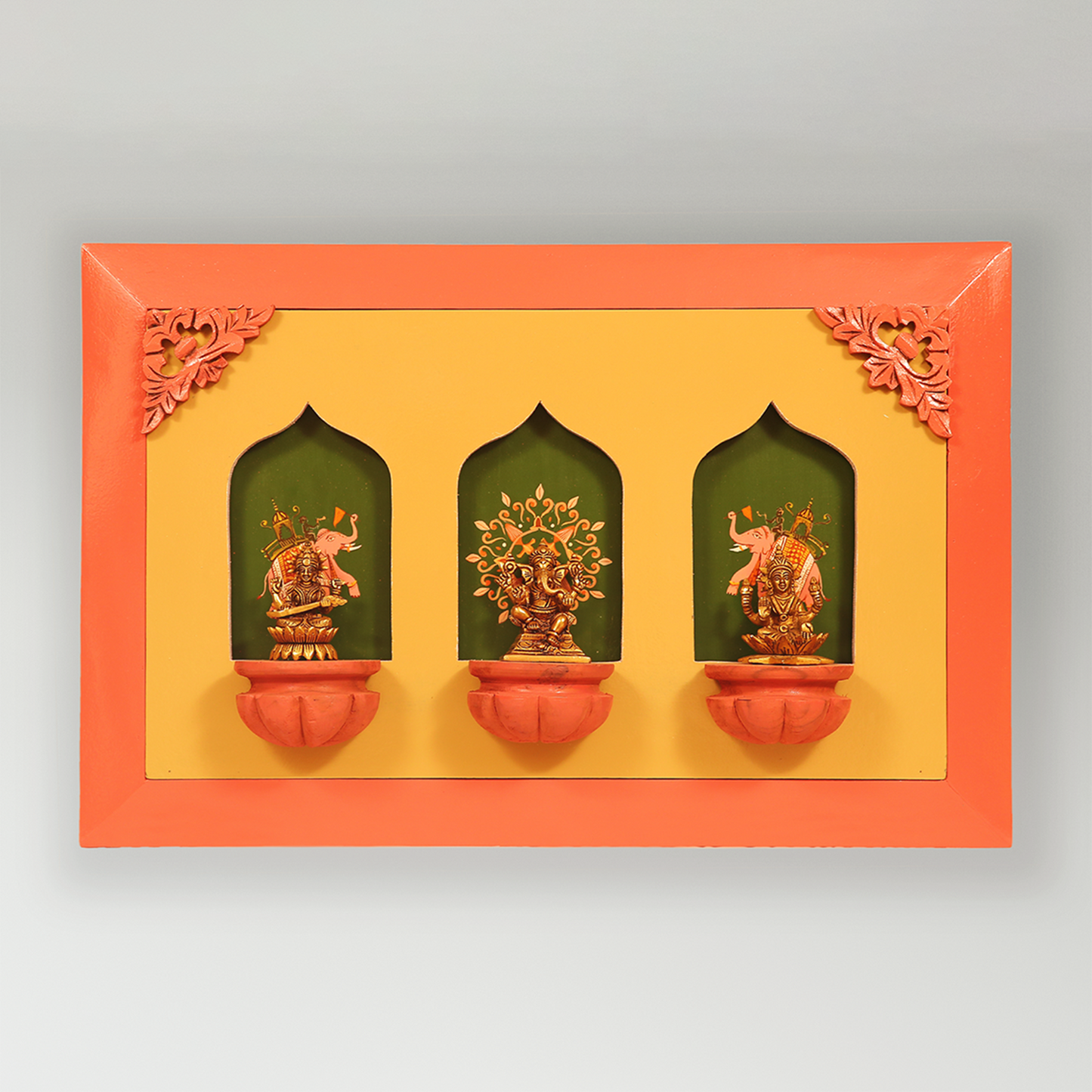 Brass Idols of Sarasvati, Ganesh, and Lakshmi with Stunning Wooden Frame Background Painting