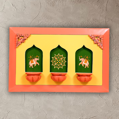 Brass Idols of Sarasvati, Ganesh, and Lakshmi with Stunning Wooden Frame Background Painting