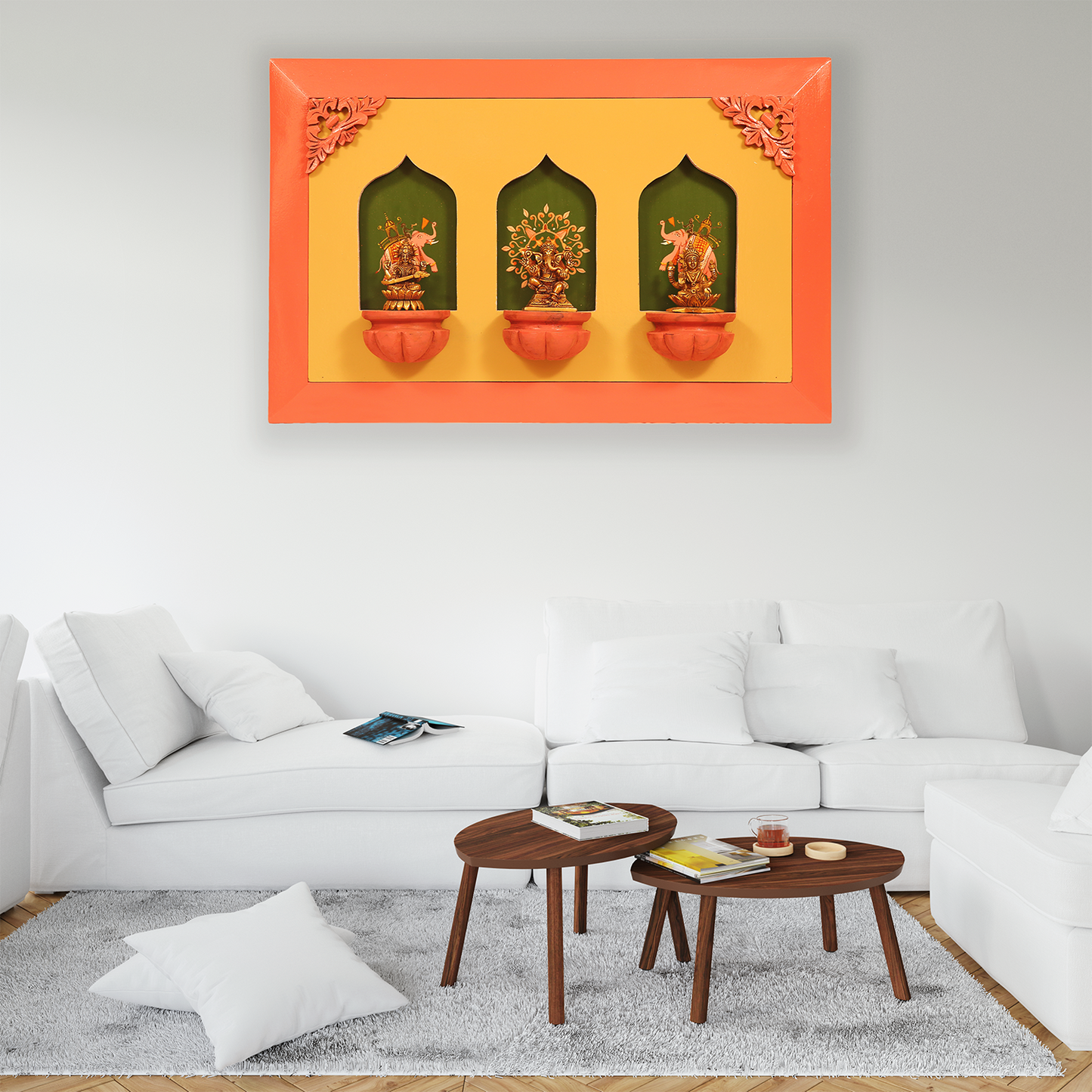 Brass Idols of Sarasvati, Ganesh, and Lakshmi with Stunning Wooden Frame Background Painting