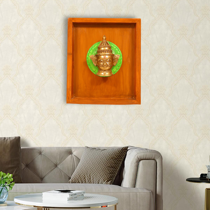 Handcrafted Antique Brass Shiva Mukhalingam in Wooden Frame, Resting on Beautifully Carved Wood