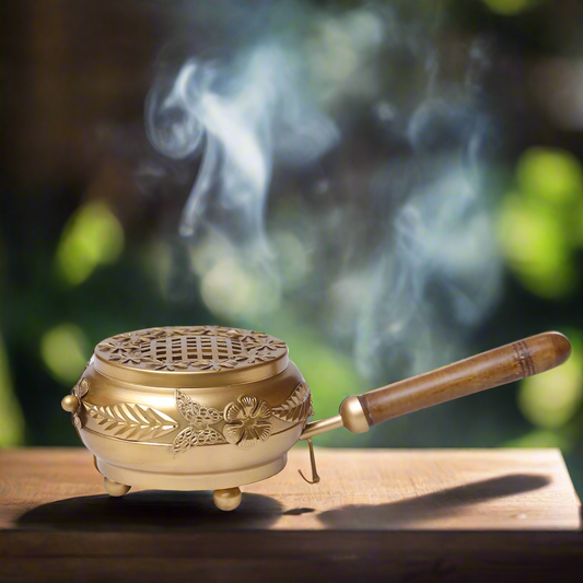 Brass Loban and Dhoop Burner with Wooden Handle