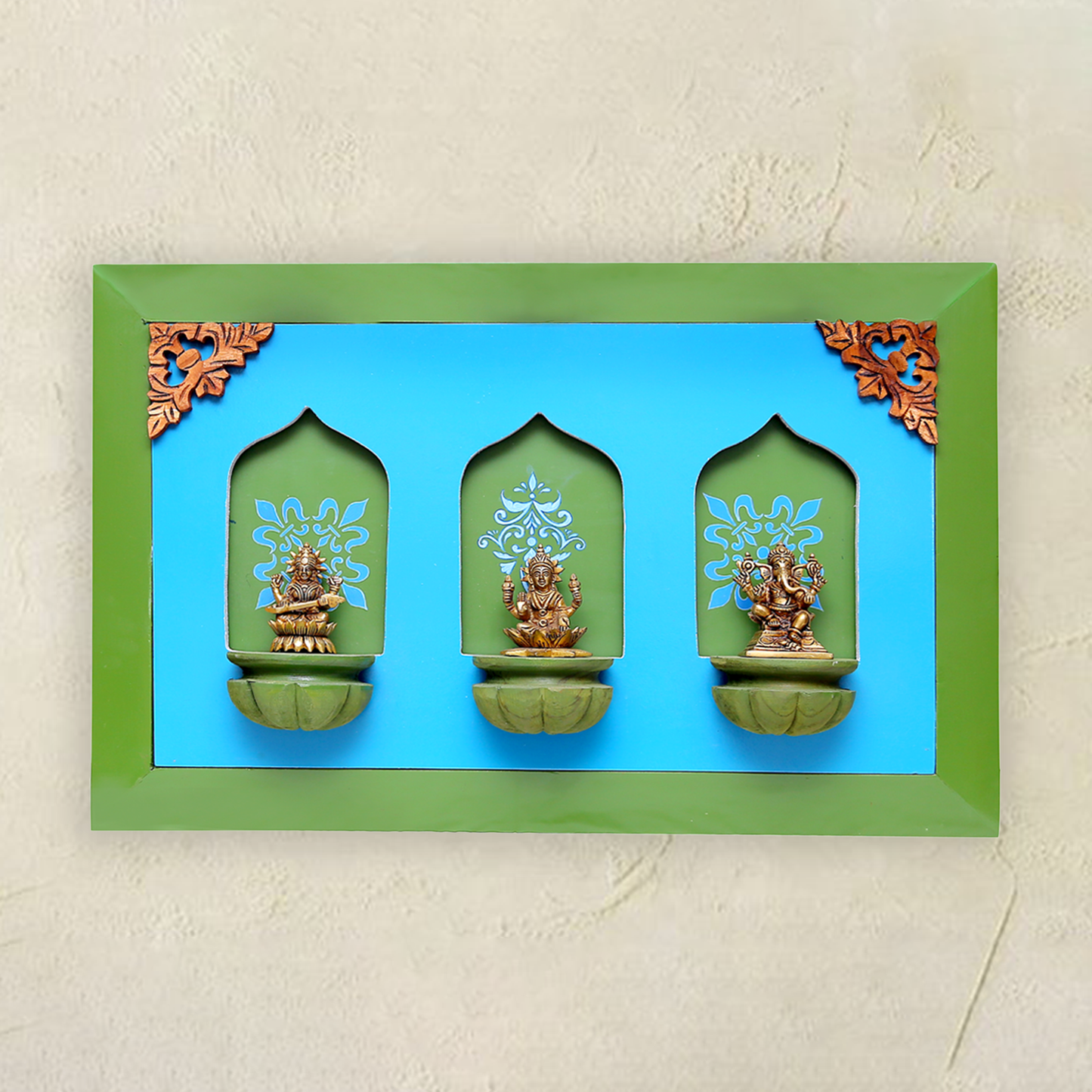 Brass Idols of Sarasvati, Ganesh, and Lakshmi with Stunning Wooden Frame Background Painting