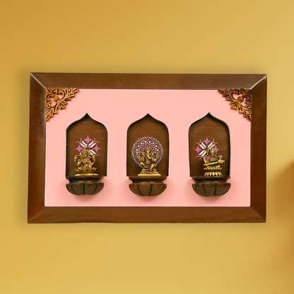 Brass Idols of Sarasvati, Ganesh, and Lakshmi with Stunning Wooden Frame Background Painting