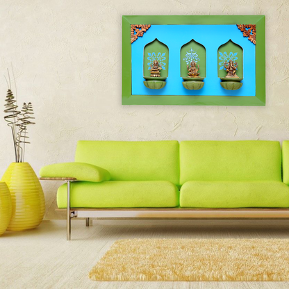 Brass Idols of Sarasvati, Ganesh, and Lakshmi with Stunning Wooden Frame Background Painting